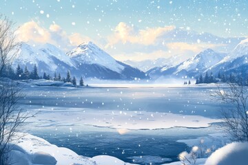 Obraz premium Serene winter landscape with snowy mountains and frozen lake