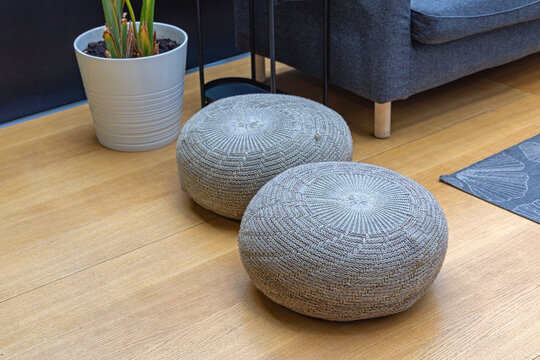 Two Gray Wool Fabric Footstool Pouffes Tabouret Ottoman in Living Room