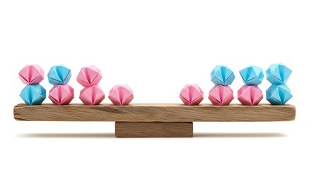 Balance concept with pink and blue origami shapes on a wooden seesaw.