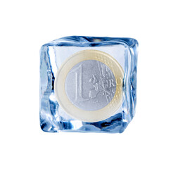 One euro coin in ice on white background. Frozen money