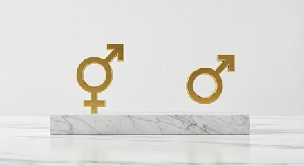 Golden gender symbols representing male, female, and transgender identities on a white marble pedestal against a clean background.