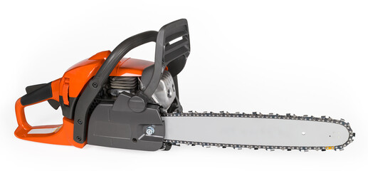Portable petrol chainsaw to cutting wood isolated on panoramic white background. Side view sharp sawing machine with combustion engine drive and replaceable rotating chain on elongate steel guide bar.