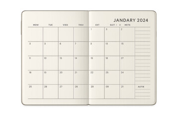 Open planner showcasing january 2024 calendar page