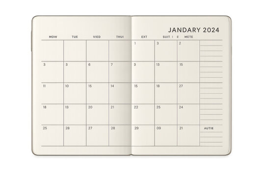 Open planner showcasing january 2024 calendar page