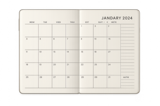 Open planner showcasing january 2024 calendar page
