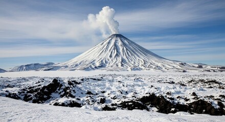 Snowcovered volcano with smoke plume rising into a clear blue sky