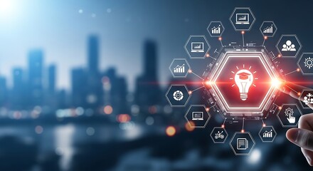 Naklejka premium Digital Transformation and Innovation through Technology for Business Growth and Online Education in a Smart City with Modern Connectivity and Data Analysis