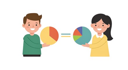 Two smiling cartoon children, a boy and a girl, holding and comparing colorful pie charts with an equals sign.