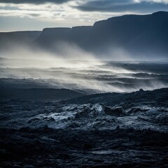 Misty mountain landscape with dramatic clouds and atmospheric fog