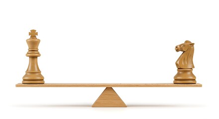 Wooden king and knight chess pieces balanced on a seesaw, representing strategy and balance.