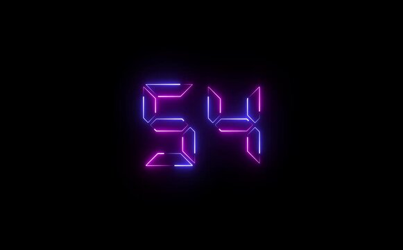 Glowing neon display showing the number fifty four with purple and blue lights on a black background