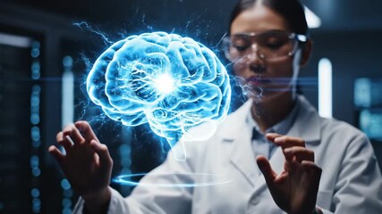 asian scientist in ar glasses analyzes glowing holographic brain. futuristic technology for neuroscience, ai, and medical research. - Powered by Adobe