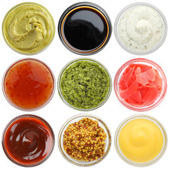 Wasabi and other condiments isolated on white, set. Top view