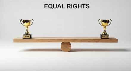 Equal rights concept: Two trophies balanced on a wooden seesaw.