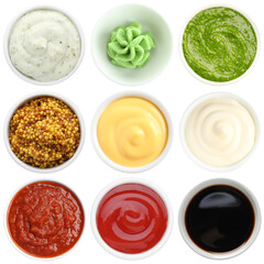 Wasabi and other condiments isolated on white, set. Top view