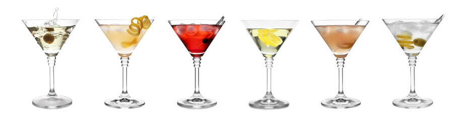 Different cocktails in martini glasses isolated on white, set