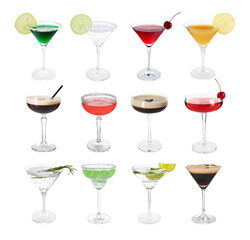 Different alcohol cocktails isolated on white, set