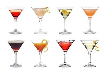 Different cocktails in martini glasses isolated on white, set