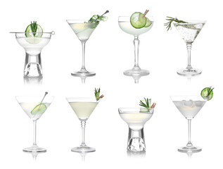 Different alcohol cocktails isolated on white, set