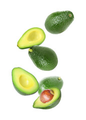 Fresh avocado falling on white background. Whole and sliced