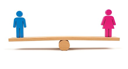 Male and female figures on a balanced seesaw representing gender equality.