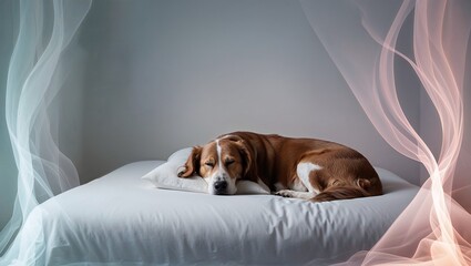 Sleeping dog resting on a bed with soft ambiance