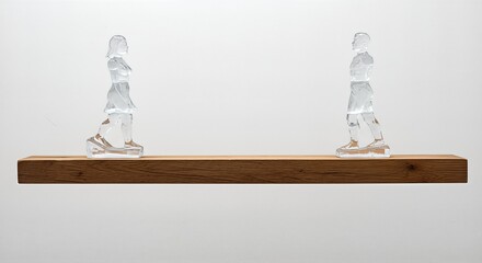 Two translucent human figures made of stacked clear material standing on a wooden shelf against a plain white background.