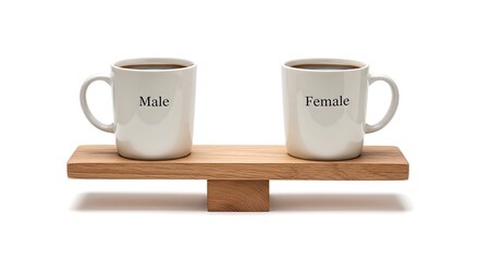 Two mugs, labeled 'Male' and 'Female', balanced on a wooden seesaw, representing gender equality.