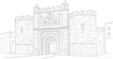 Obraz premium Rchitectural sketch of a medieval gate, towers, and stone walls