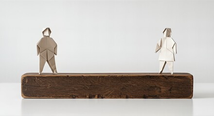 Origami figures of two people standing on a wooden block, facing each other.