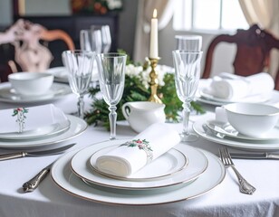 Elegant Christmas dinner table setting with fine china, crystal glassware, festive greenery, and a single lit candle creating a warm holiday ambiance.
