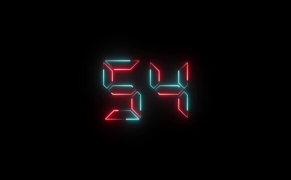 Illuminated fifty four number display with red and cyan neon lights on a black background glow effect