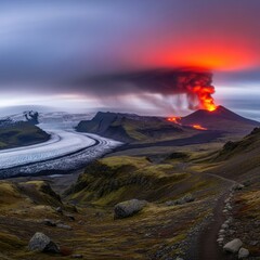 Volcanic eruption with glowing lava and smoke plume over a glacier landscape