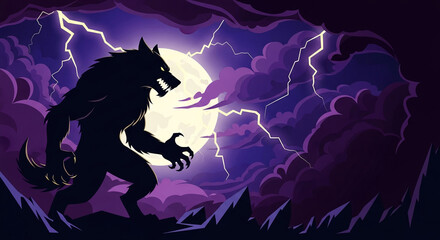 Stylized illustration of a shadowy creature against a bright moon and stormy sky with lightning, representing danger, transformation, and nighttime fear