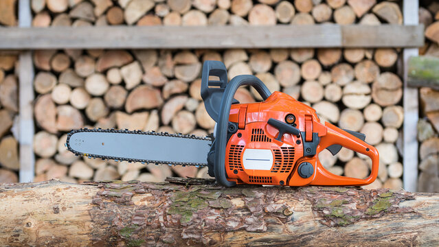 Closeup sharp petrol chainsaw on felled tree trunk before wall of stacked wood. Modern orange portable chain saw on wooden log and firewood stockpile for energy crisis in background. Woodworking tool.