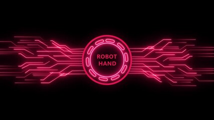 Futuristic neon background with robot hand text in center, abstract circuit board lines glowing in red, technology concept for presentation and intro video, loop able - Powered by Adobe