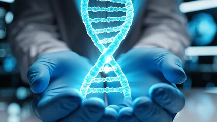 scientist's hands in gloves holding glowing digital dna helix. futuristic laboratory background with data screens. genetic engineering and biotechnology. banner, website header. - Powered by Adobe