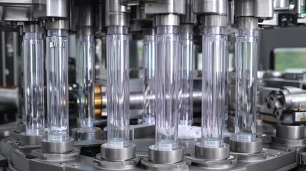 A machine is filling glass bottles with a clear liquid