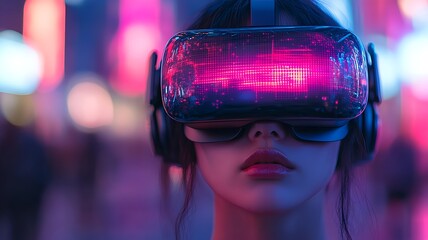 A society where people wear ARVR headsets, living in a mixed reality digital world, neon aesthetics