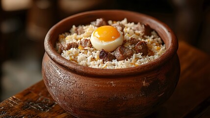 A rustic clay pot filled with Kolkata-style Mutton Biryani, with succulent pieces of mutton, aromatic rice, and a whole boiled egg