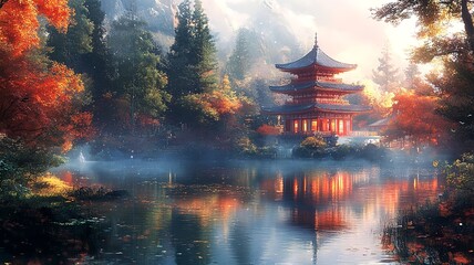 A scenic view of a traditional Japanese temple nestled in a lush green forest, with a tranquil pond reflecting the vibrant colors of autumn leaves