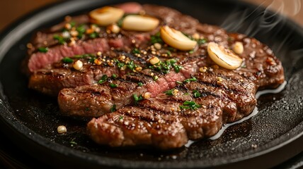 A sizzling hot plate of Japanese Wagyu steak, perfectly seared and garnished with grilled garlic slices and wasabi