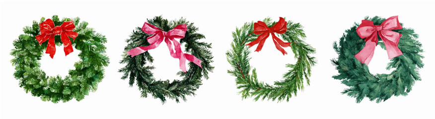 Set of watercolor Christmas wreaths. Vintage round wreaths of green Christmas tree branches decorated with a red and pink bow. Minimalist Christmas wreath for New Year's decor. 