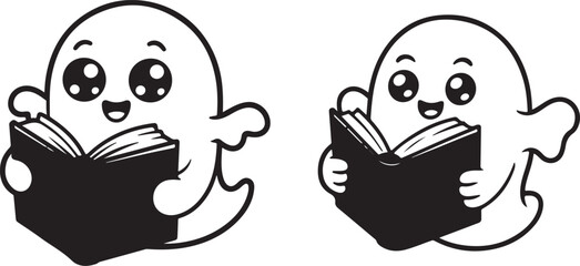 Reading Ghosts: Two adorable ghost characters engrossed in their reading, with eyes of pure joy and a sense of wonder in a simple, playful illustration.
