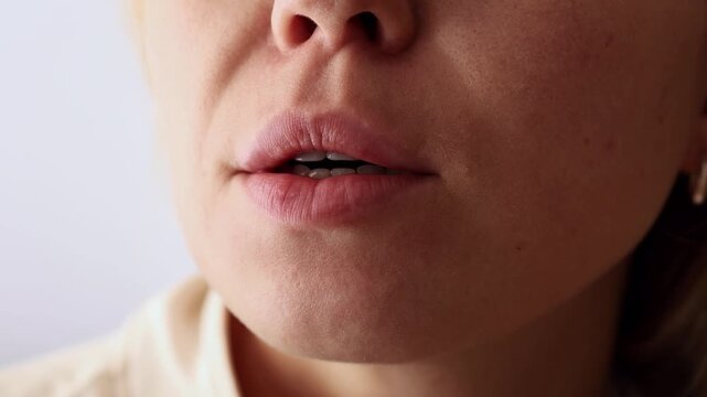 Close-up of girl&rsquo;s mouth smacking lips, showing motion and expression.