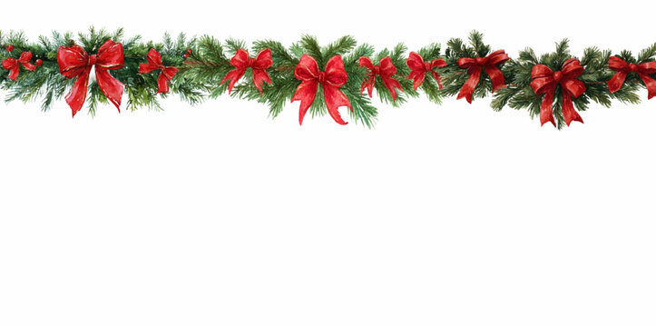 Vintage Christmas garland with bows. Watercolor garland of Christmas tree branches decorated with chevron retro bows. Border for New Year and Christmas greetings, designs, etc.