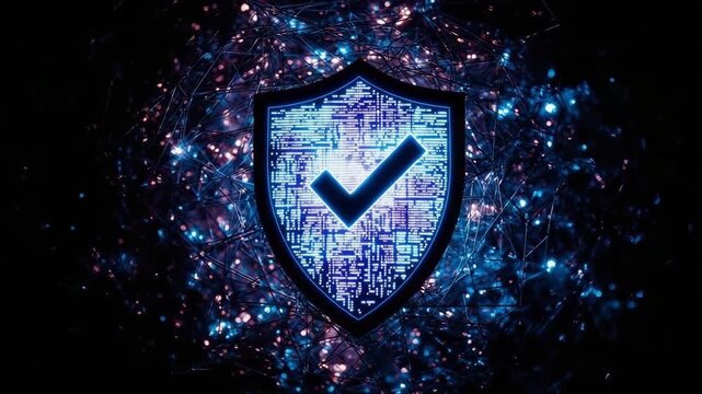 A dark shield with a blue checkmark, surrounded by a glowing digital network, symbolizing security and verification