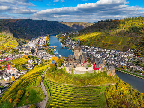 Aerial view of Cochem town with Reichsburg castle at the moselle river in Germany. Europe