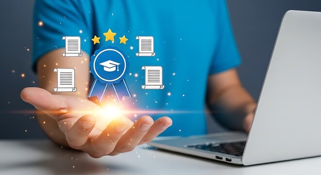 Online education achievement concept showcasing graduation success with laptop and digital certifications in hand for professional development and skill enhancement