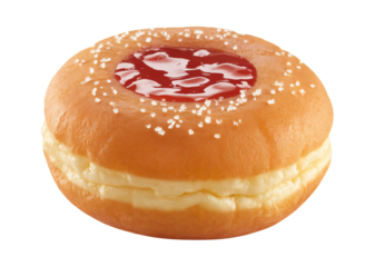 Glazed donut with red jelly filling on top, Sweet doughnut dessert with strawberry jam center